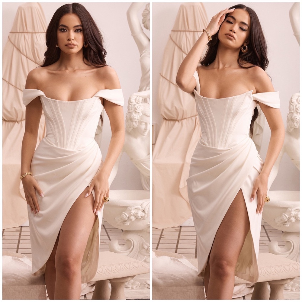 HOUSE OF CB Loretta Satin Off-Shoulder Corset Dress - Ivory